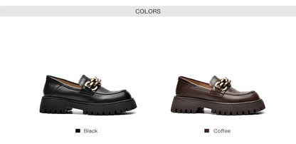 BeauToday Loafers for Women Genuine Cow Leather Round Toe Metal Chain Slip-on Ladies Platform Shoes Handmade I27748
