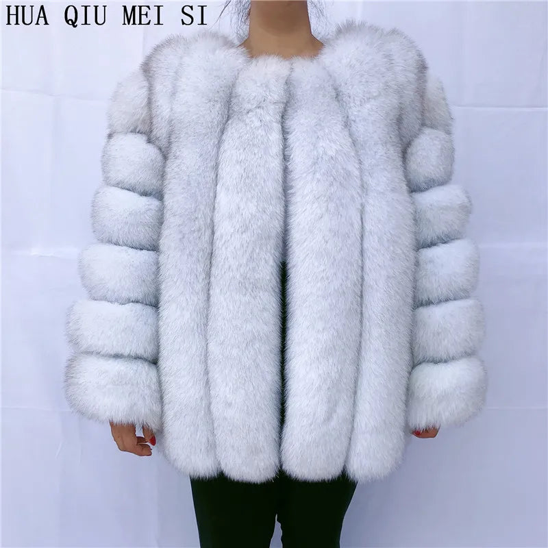 HUAQIUMEISI Real Fox Fur Coat Women's Autumn and Winter Vertical Bar Natural Fox Jacket New Fashion Silver Fox Fur Coat