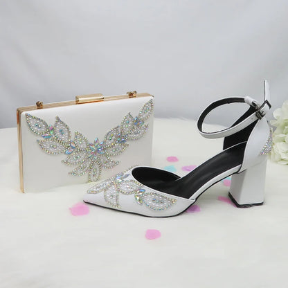 BaoYaFang White Beads Pearl wedding shoes Bride Pointed Toe Square Thick High Heel Party dress shoes and bag set Ankle Strap
