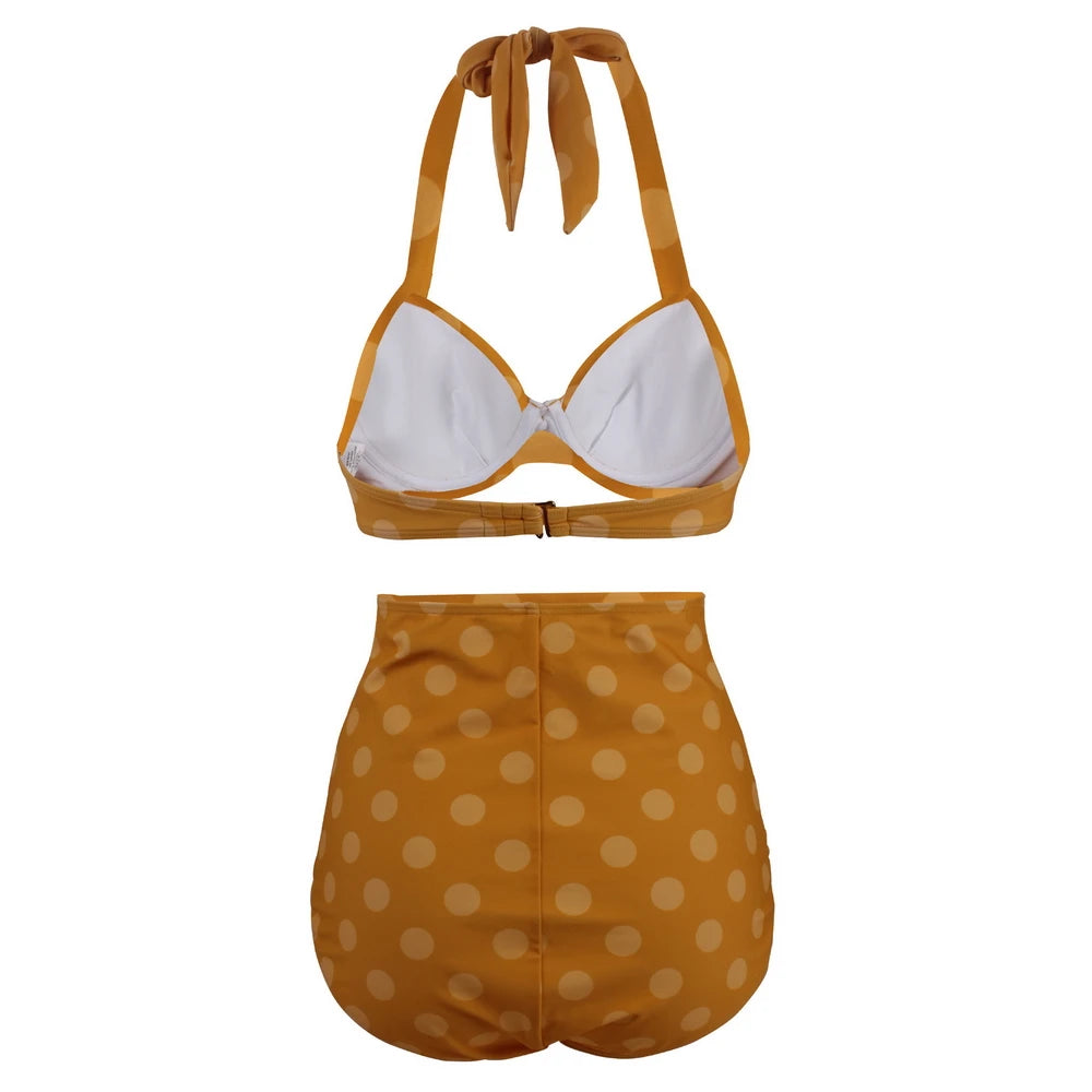 Pleated Bikini Red Top Navy Blue With White Dots Bottom Women Classic High Waist Halter Bikini Sets Plus Size Two-piece Swimwear