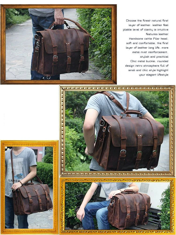 Vintage Crazy Horse Genuine Leather Men Briefcase Business Bag Large Leather Briefcase Male 15.6"Laptop Case Shoulder Bag office