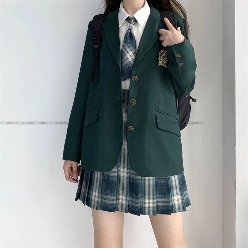 2024 Fashion Spring Autumn JK Uniform Jacket Three Buttons Suit Jacket College Style Female Student Suit Long Sleeves Green