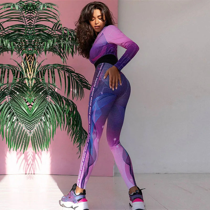 Oshoplive Women Fashion Colorful Printed Sports Jumpsuits 2026 New Spring Autumn Long Sleeves Tight Fitness Yoga Jump Suits