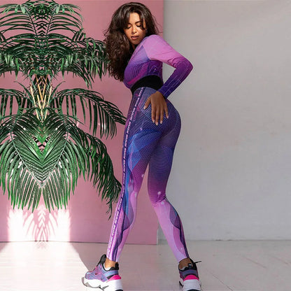 Oshoplive Women Fashion Colorful Printed Sports Jumpsuits 2026 New Spring Autumn Long Sleeves Tight Fitness Yoga Jump Suits