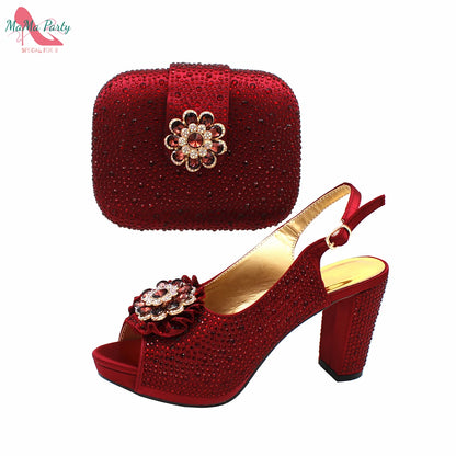 Buckle Strap Sandals Nigerian Women Shoes and Bag Set in Yellow Color with Shinning Crystal Italian Lady Shoes and Bag for Party