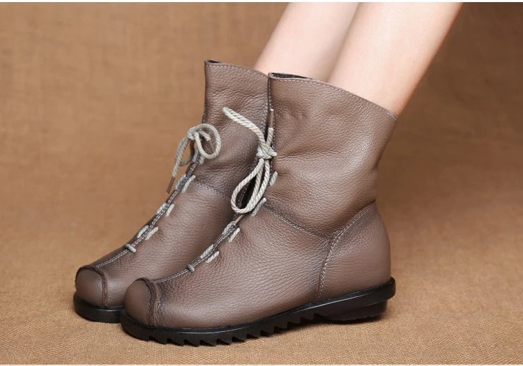 JIANBUDAN/ Genuine Leather Plush Women's Short Boots Retro Casual Autumn Winter Women's Boots Waterproof Leather Warm Snow Boots