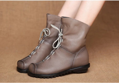 JIANBUDAN/ Genuine Leather Plush Women's Short Boots Retro Casual Autumn Winter Women's Boots Waterproof Leather Warm Snow Boots