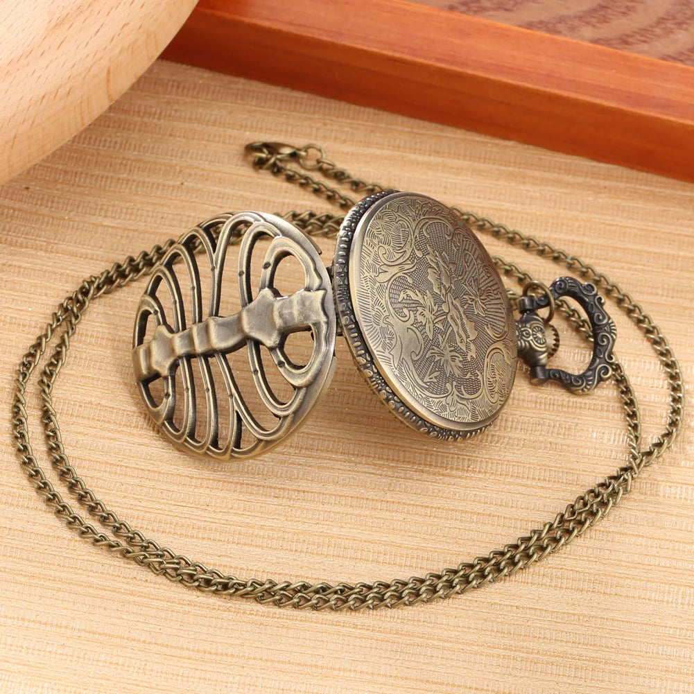 Retro Bronze Pocket Watch Hollow Case Quartz Design Steampunk Gold Arabic Dial Necklace Pendant Clock Men Women Reloj De Bolsill