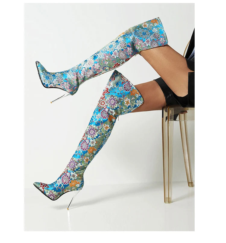 Western Embroidery Style Pointed Toe Over-The-Knee Women's Boots Ethnic Style Patterned Ultra-High Crystal Stiletto Long Boots