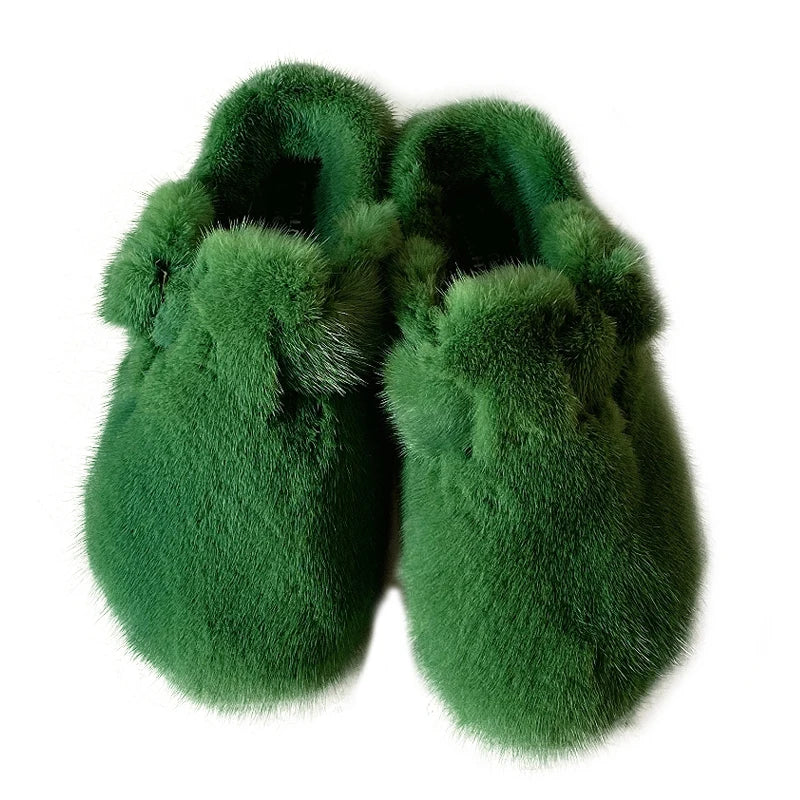 Female Luxury Real Mink Fur Slippers, Women's Clogs, Slip-on Casual Winter Shoes, Mules Shoes Women Luxury Designer Mink Slipper