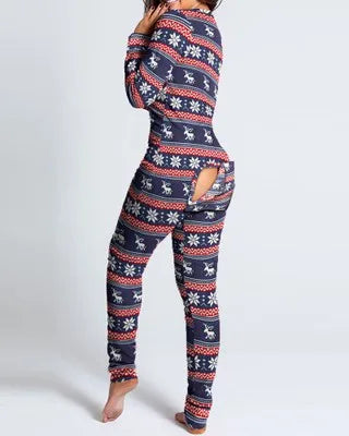 Sexy Pyjama Women's Jumpsuit Suit Button-down Front Back Butt Bum Open Ass Flap Jumpsuit Loungewear Christmas Print Buttoned NEW