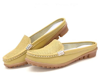 Women Casual Shoes Hollow Out Lady Half Lofers Genuine Leather Flats Moccasins Women Luxury Brand Half Slippers Zapatillas Mujer