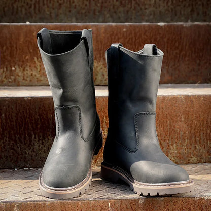 Spring Autumn Retro Genuine Leather Men Mid-Calf Boots Slip-On Male Real Leather Work Safety Shoes Motorcycle Half Boot 1905