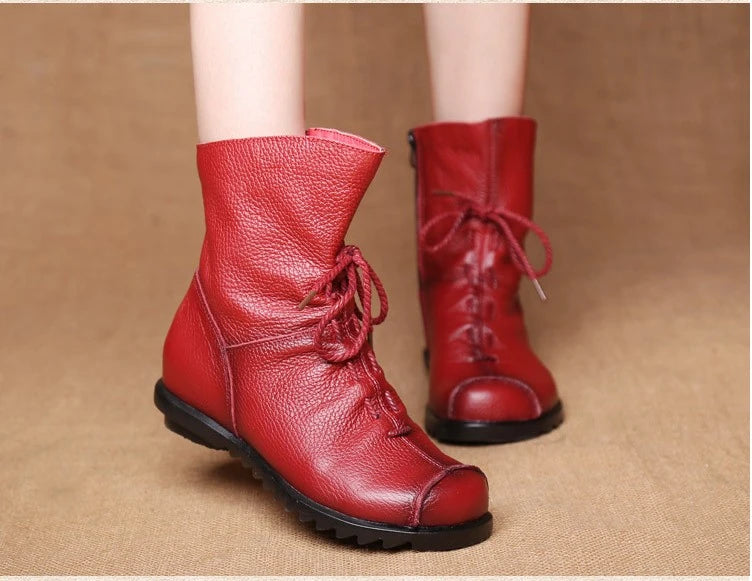 JIANBUDAN/ Genuine Leather Plush Women's Short Boots Retro Casual Autumn Winter Women's Boots Waterproof Leather Warm Snow Boots