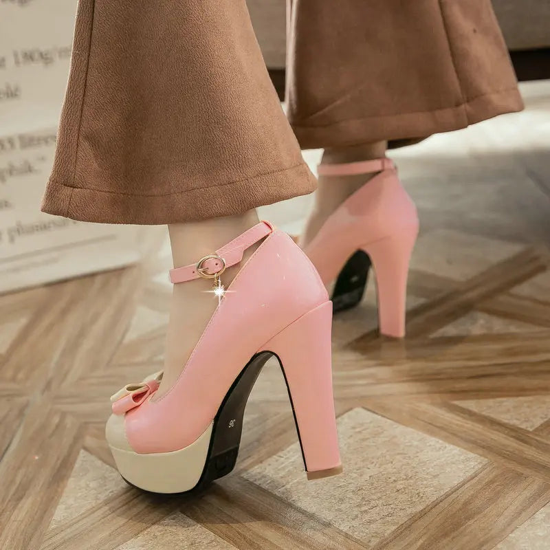 New Platform Square High Heel Women Pumps Sweet Butterfly Knot Women High Heel Shoes Mixed Color Party Women's Shoes