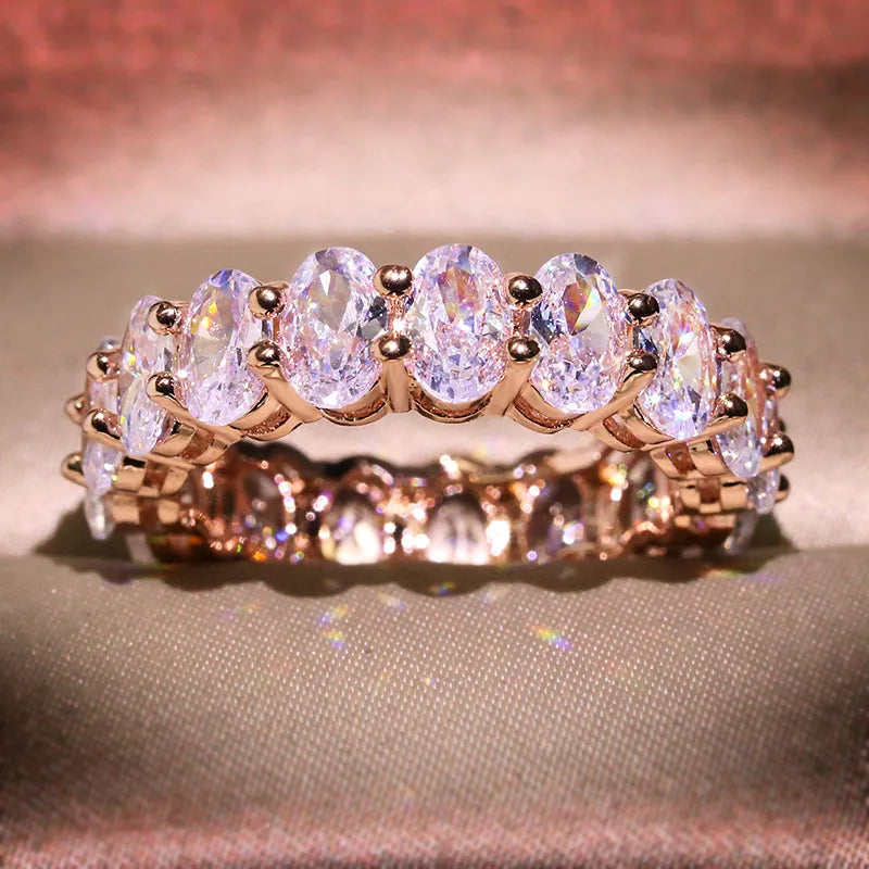 New Luxury Female White Crystal Stone Ring Rose Gold Silver Wedding 925 Silver Ring Female Cute Oval Zircon Engagement Jewelry