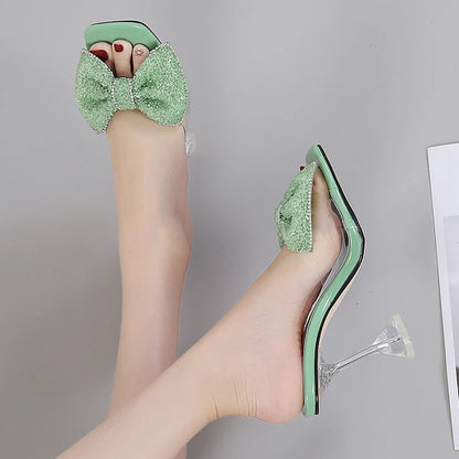 Size 34-46 Summer Party Slippers Fashion Green Rhinestone Bow Heels Sandals Women Square Open Toe PVC Transparent Shoes Slides
