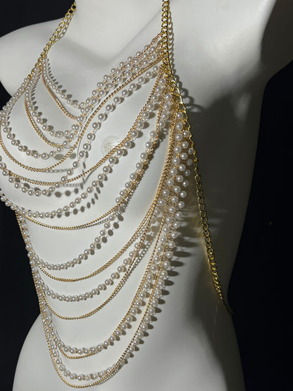 European and American fashion cross-border jewelry summer beach sexy body chest chain handmade pearl chest chain