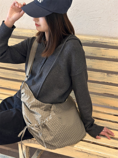 Retro Plaid Hobos Messenger Bags for Women Drawstring Pocket Nylon Dumpling Bag Large Capacity Portable Travel Shoulder Bags
