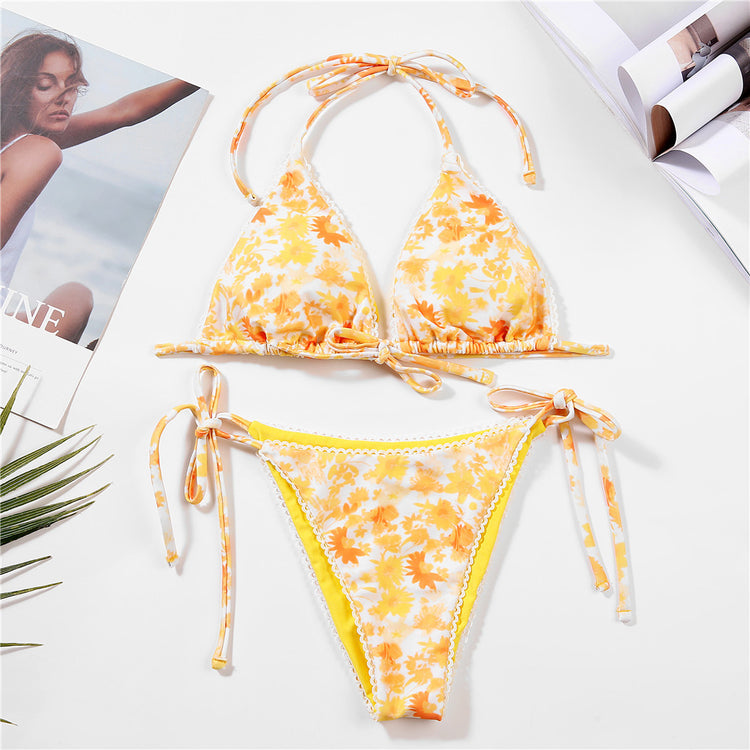 Cross-Border European and American Floral Bikini Lace Swimsuit Lace-Up Bikini Beach Split Swimsuit Women's Tube Top in Stock