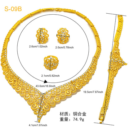 24K Gold Dubai Explosions Bride Four-piece Flower Rhinestone Jewelry Alloy Necklace Bracelet Earrings Ring