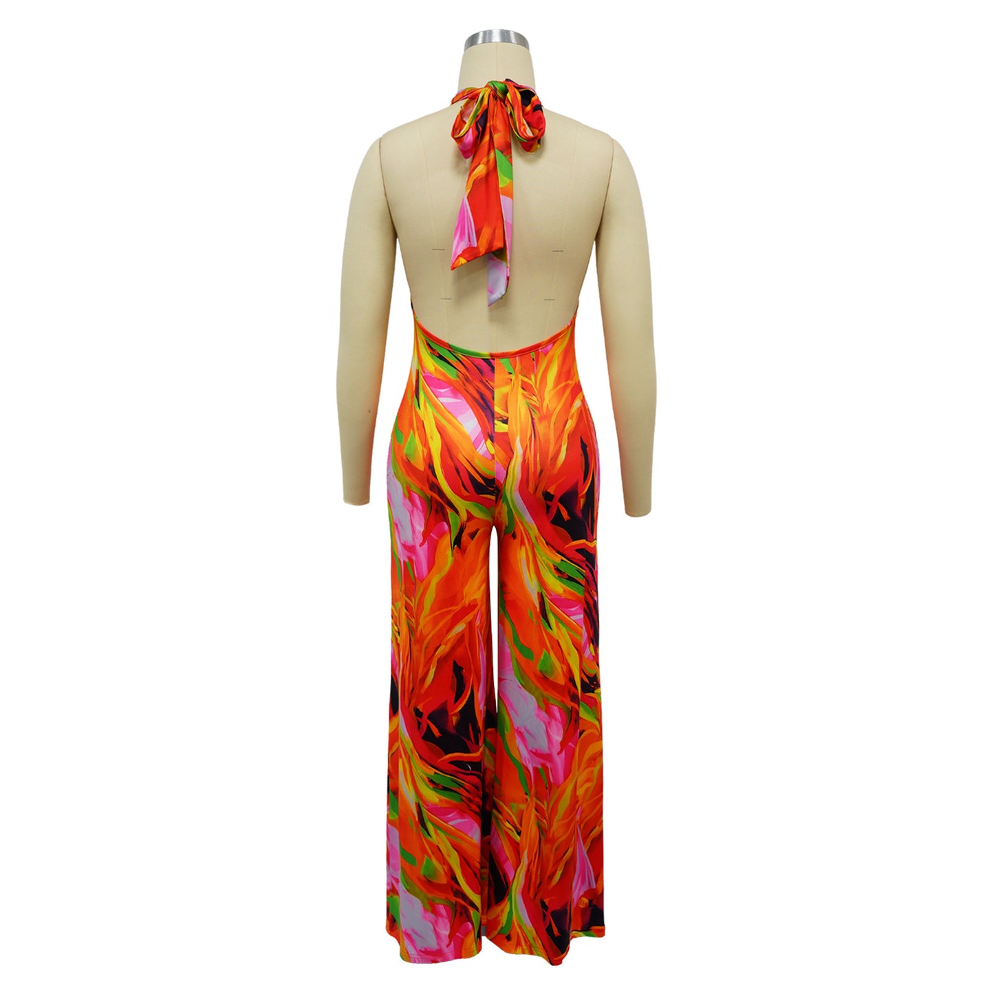 CM.YAYA Women Wide Leg V-neck Halter Sleeveless Print Jumpsuits 2024 Summer Night Club Street Playsuit One Piece Suit Rompers