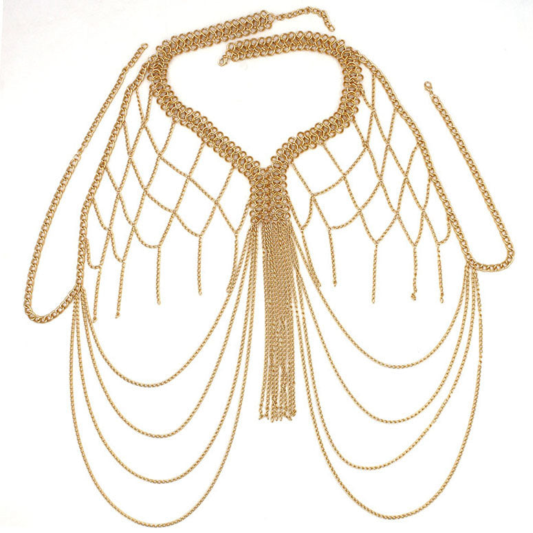 European and American Cross-Border Jewelry Women's Metal Mesh Cut Out Tassel Multi-Layer Chest Chain Nightclub Performance Fashion Clothing Accessories