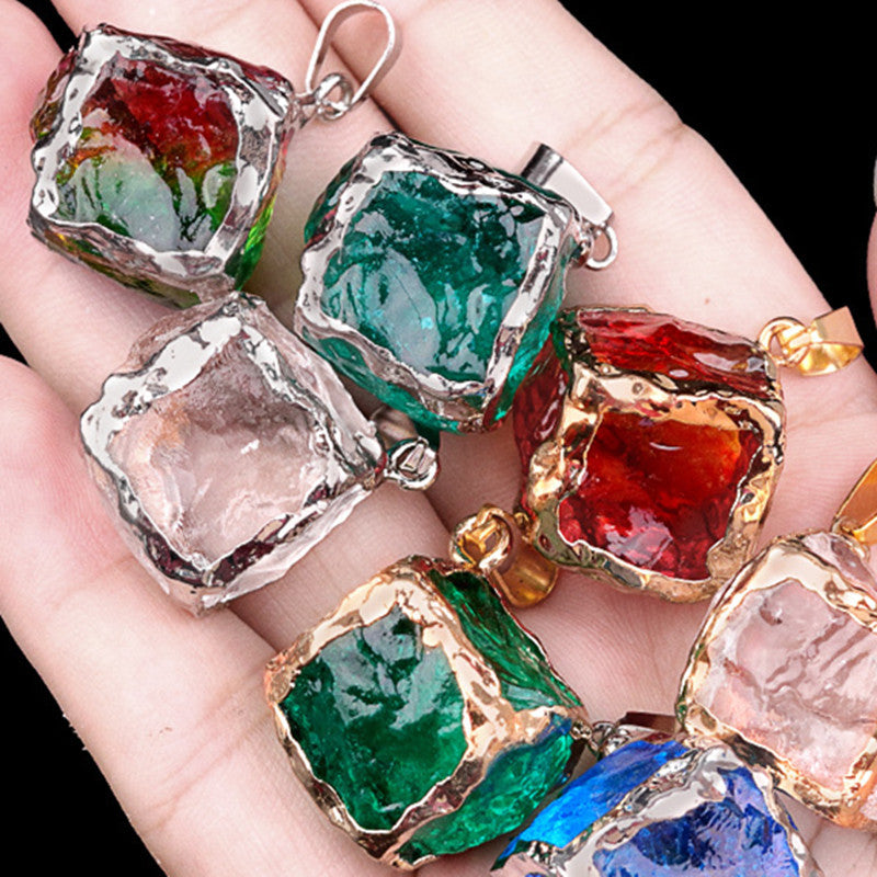 Imitation Crystal Rough Stone Square Electroplated Colorful Pendant Artificial Crystal Sugar Cube Necklace DIY Jewelry Pendant