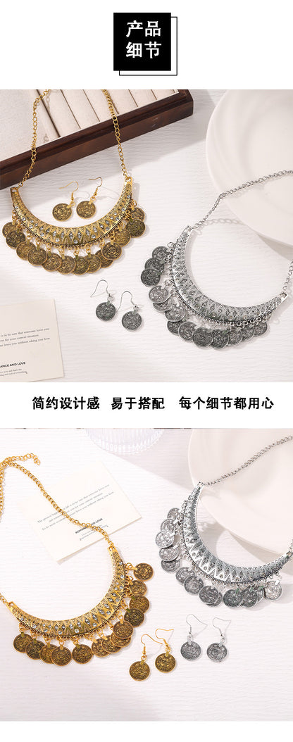 European and American Retro Fashion Golden Roman Coin Tassel Necklace Bohemian Ethnic Style Clavicle Chain Jewelry suit