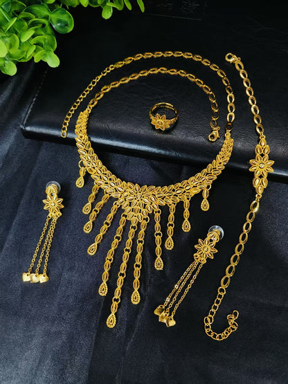 Cross-Border Hot Selling Dubai Luxury 24K Jewelry Necklace Earrings Ring Bracelet Four-Piece Bridal Wedding Tassel Set