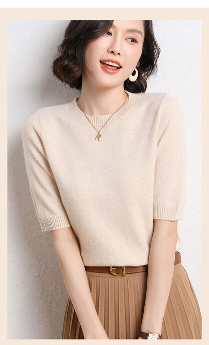 2025 Spring and Summer New Style Knitted Short-Sleeved Women's Round Neck Bottoming Knitted Pullover Half-Sleeved Sweater Loose Bottoming Sweater