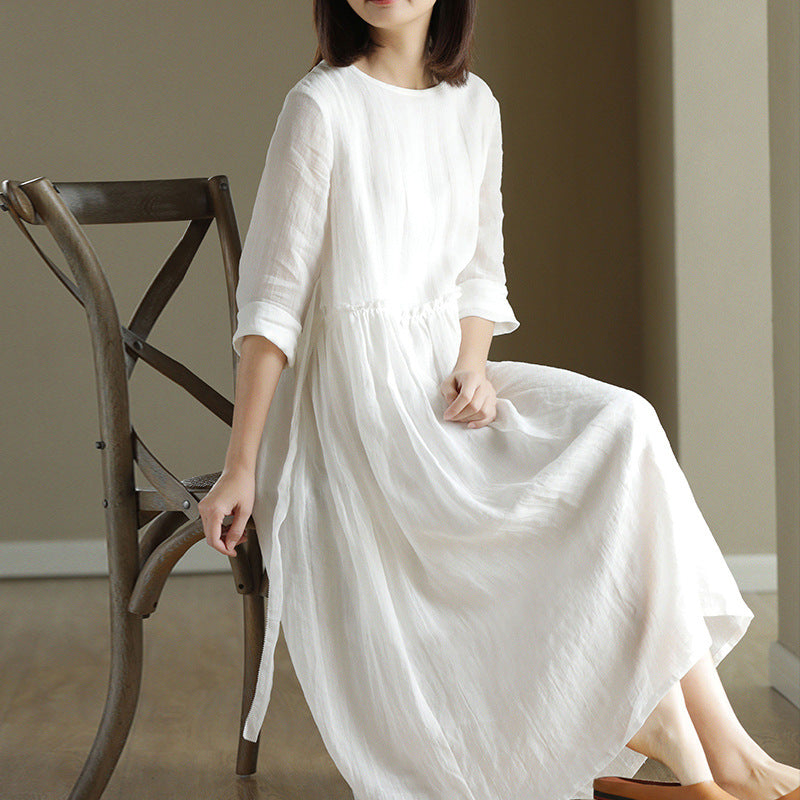 2023 New Summer Cotton Linen dress Women's High Waist Slimming Artistic Loose Retro Seven-Sleeve Round Neck Dress