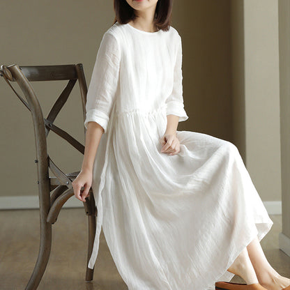 2023 New Summer Cotton Linen dress Women's High Waist Slimming Artistic Loose Retro Seven-Sleeve Round Neck Dress