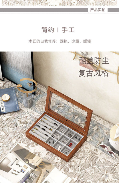 Solid Wood Flannel Jewelry Box Storage Box Ring Necklace Earrings Earrings Desktop Display Box Vintage