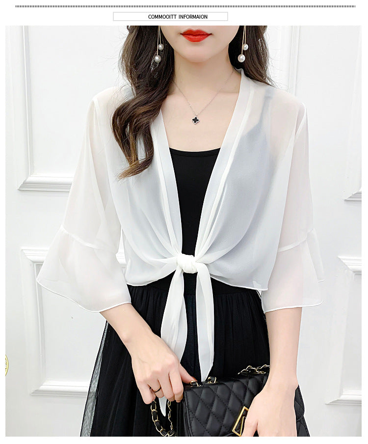 Sunscreen Cardigan Women's Spring and Summer Shawl Outer Blouse Thin Jacket with Sling Skirt Chiffon Small Waistcoat