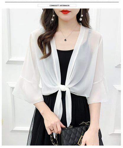Sunscreen Cardigan Women's Spring and Summer Shawl Outer Blouse Thin Jacket with Sling Skirt Chiffon Small Waistcoat