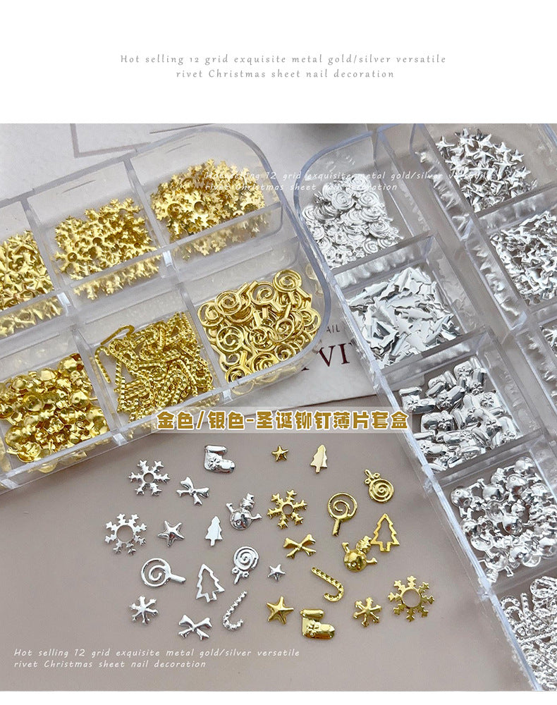 Christmas Rivet Nail Art Jewelry Long Box Special-Shaped Snowflake Alloy Flats Bottom Diamond Metal Nail Jewelry Stickers 12 Grids