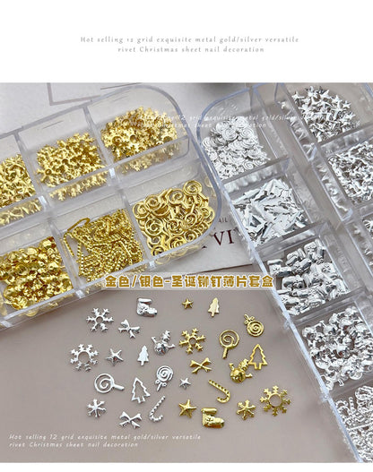 Christmas Rivet Nail Art Jewelry Long Box Special-Shaped Snowflake Alloy Flats Bottom Diamond Metal Nail Jewelry Stickers 12 Grids