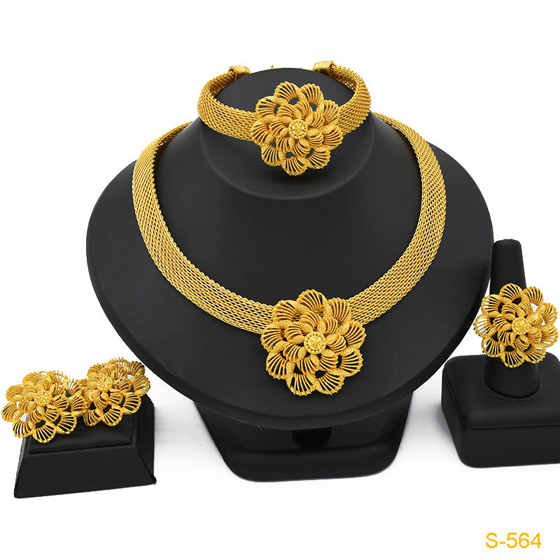 2025 Summer Dubai 24K Gold Bridal Jewelry Set Necklace Earrings Bracelet Ring Middle East Africa Jewelry