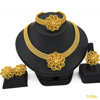 2025 Summer Dubai 24K Gold Bridal Jewelry Set Necklace Earrings Bracelet Ring Middle East Africa Jewelry