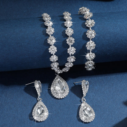Cross-border Jewelry Explosions Necklace Earrings Bracelet Three-piece Set Full Diamond Flower Bride Jewelry suit Dress Accessories Women
