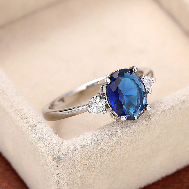 New Japanese and Korean Style Egg-Shaped Imitation Blue Gemstone Ring, Noble Temperament Hand Jewelry, Light Luxury, Versatile Fashion Jewelry for Women