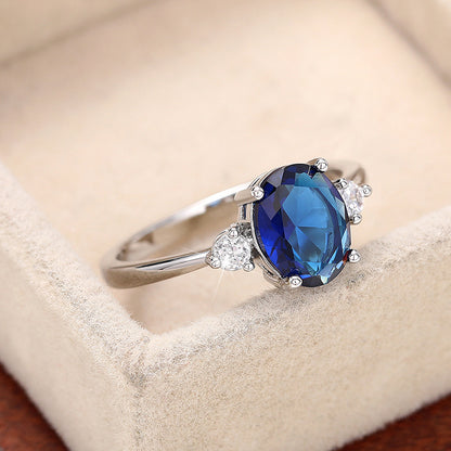 New Japanese and Korean Style Egg-Shaped Imitation Blue Gemstone Ring, Noble Temperament Hand Jewelry, Light Luxury, Versatile Fashion Jewelry for Women