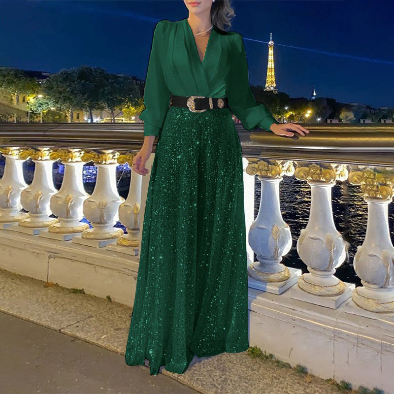 2025 Dress Women's Spring & Fall High-End V Neck Long-Sleeved Shirt Elegant Waist Sequin French Wide-Leg Pants