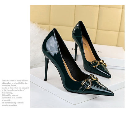 Luxury Women Pumps Metal Belt Buckle High Heels Patent Leather Women Heels Stilettos Career OL Office Shoes Plus Size 41 42 43