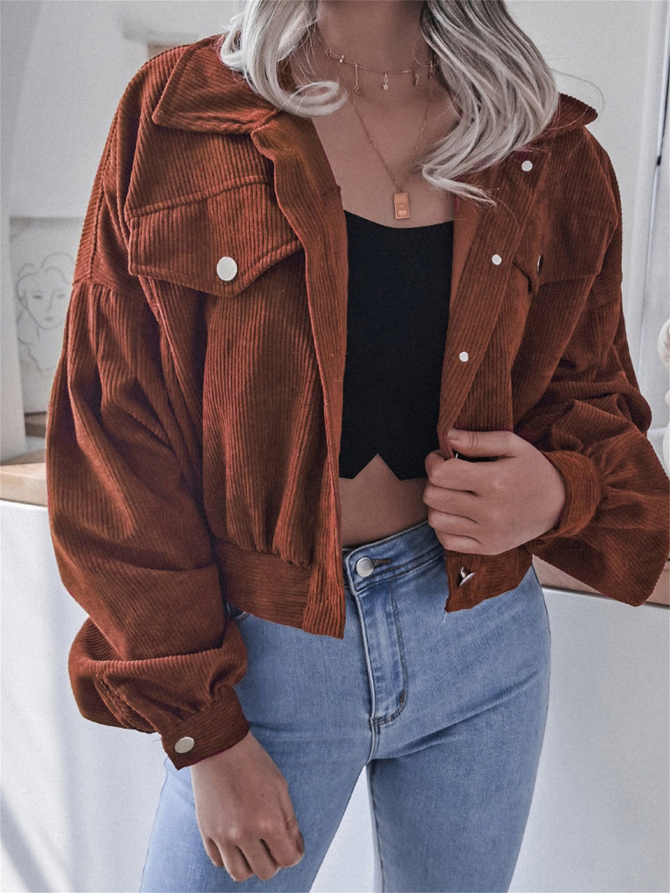 Ins Style Autumn and Winter European and American Lantern Long-Sleeved Corduroy Casual Short Outwear Jacket Amazon Hot Cross-Border Women's Clothing