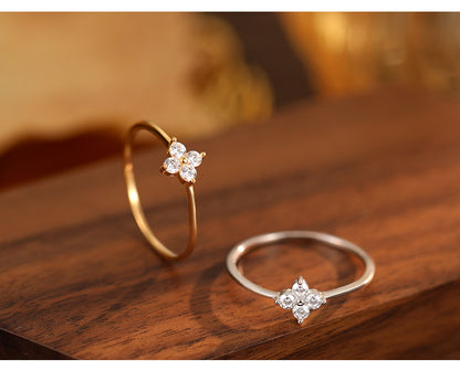 925 Thai Silver Inlaid Four Leaves Clover Zirconia Flower Ring for Women Simple Elegant Good Luck Anniversaries Jewelry Gift