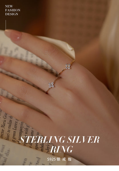 925 Thai Silver Inlaid Four Leaves Clover Zirconia Flower Ring for Women Simple Elegant Good Luck Anniversaries Jewelry Gift
