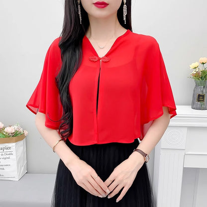 Thin Small Shawl Summer Dress with Sling Skirt Air-conditioning Shirt Women's Cardigan Outer Chiffon Ethnic Style Silver Buckle Small Coat