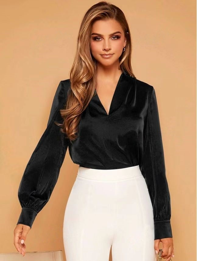 Amazon's Popular European and American V Neck Shirt Tops Spring and Summer Wish Aliexpress Ebay Long-Sleeved Satin Shirt